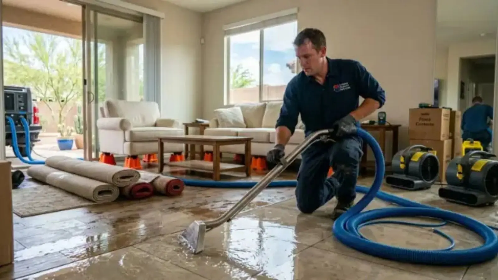 Restoration technician extracting water from a living room floor with a wand, hoses and air movers set along the wall
